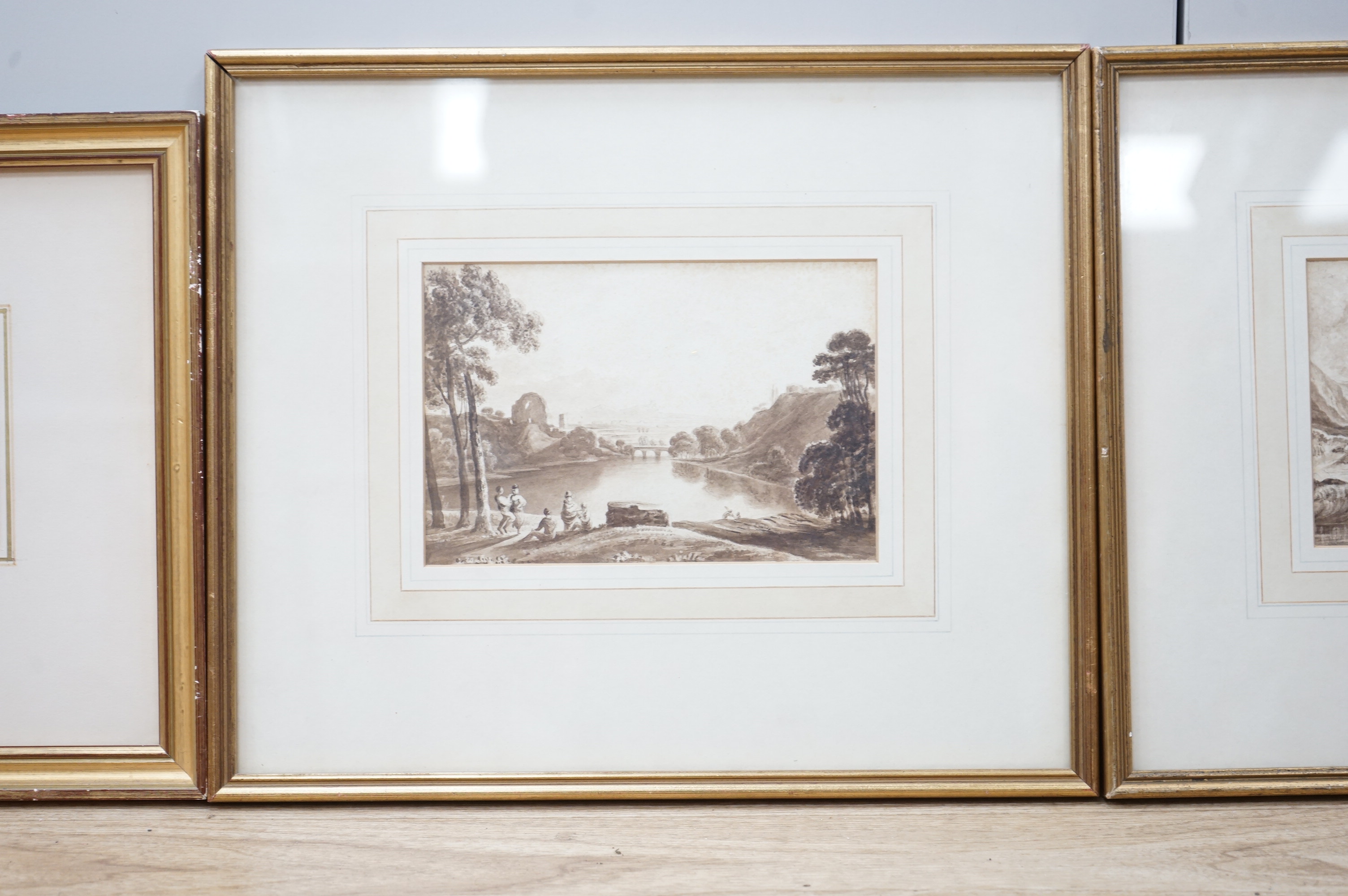 Three 19th century monochrome watercolours to include one attributed to John Varley (1778-1842), landscapes, largest 11 x 17cm